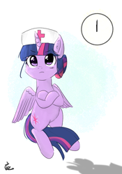 Size: 2000x2860 | Tagged: safe, artist:yinglongfujun, twilight sparkle, twilight sparkle (alicorn), alicorn, pony, clock, nurse, solo