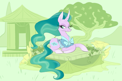 Size: 1117x747 | Tagged: safe, artist:ponygoggles, mistmane, pony, unicorn, campfire tales, beautiful, clothes, curved horn, ethereal mane, female, mare, prone, solo, stupid sexy mistmane, tree