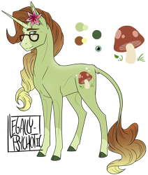 Size: 1158x1368 | Tagged: safe, artist:legally-psychotic, oc, oc only, classical unicorn, pony, unicorn, blaze (coat marking), cloven hooves, flower, flower in hair, glasses, gradient mane, leonine tail, male, reference sheet, simple background, socks (coat marking), solo, stallion, transparent background