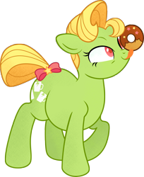 Size: 2438x2991 | Tagged: safe, artist:mellowhen, oc, oc only, oc:bric-a-brac, earth pony, pony, 2018 community collab, bow, chubby, derpibooru community collaboration, donut, food, licking, simple background, solo, tongue out, transparent background