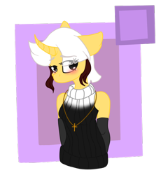 Size: 636x663 | Tagged: safe, artist:nikkitatheanimefan, oc, oc only, oc:mary, anthro, unicorn, blushing, curved horn, female, mare, solo