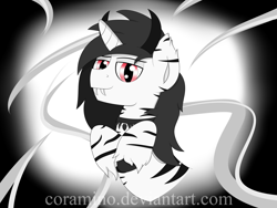 Size: 4000x3000 | Tagged: safe, artist:coramino, oc, oc only, oc:mike, unicorn, vampony, zebra, black horns, handsome, multiple horns, red eyes, sexy, solo