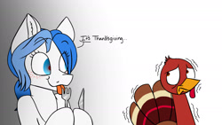 Size: 2120x1194 | Tagged: safe, artist:ggchristian, oc, oc only, oc:gg christian, pony, concerned, female, fork, holiday, implied ponies eating meat, kitchen eyes, knife, mare, thanksgiving, tongue out, turkey