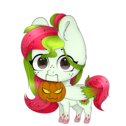 Size: 800x800 | Tagged: safe, artist:harukamuk2, oc, oc only, oc:watermelana, pony, colored wings, freckles, gradient hooves, gradient wings, halloween, holiday, jack-o-lantern, looking at you, mouth hold, pumpkin, simple background, solo, transparent background