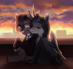 Size: 3383x3201 | Tagged: safe, artist:aphphphphp, oc, oc only, alicorn, pony, clothes, collar, cuddling, cute, duo, eyes closed, hoodie, multiple horns, nuzzling, twilight (astronomy)