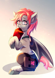 Size: 990x1400 | Tagged: safe, artist:bakki, oc, oc only, oc:venipuncture, bat pony, pony, bat pony oc, blood, blood bag, commission, cute, hoof hold, ocbetes, sitting, solo, unshorn fetlocks