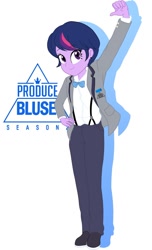 Size: 740x1216 | Tagged: safe, artist:bluse, twilight sparkle, equestria girls, alternate hairstyle, bowtie, clothes, jacket, pants, raised arm, shirt, short hair, show accurate, simple background, smiling, solo, suspenders