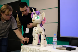 Size: 1000x667 | Tagged: safe, sweetie belle, sweetie bot, human, robot, sweetie bot project, derpfest, irl, irl human, photo, proto3