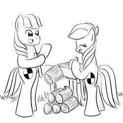 Size: 1000x1000 | Tagged: safe, artist:truffle shine, oc, oc only, oc:cordyceps sparkle, oc:truffle shine, earth pony, pony, bipedal, duo, eyes closed, female, firewood, grass, grayscale, lineart, male, mare, monochrome, open mouth, rule 63, saw, simple background, sketch, stallion, table, transparent background, tree trunk, truffle shine's sketch series, wood