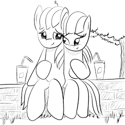 Size: 1000x1000 | Tagged: safe, artist:truffle shine, oc, oc only, oc:cordyceps sparkle, oc:truffle shine, earth pony, pony, duo, female, grass, grayscale, hug, juice, lemonade, lineart, male, mare, monochrome, rule 63, simple background, sitting, sketch, stallion, straw, transparent background, tree, truffle shine's sketch series, wall
