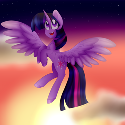 Size: 3000x3000 | Tagged: safe, artist:cosmiickatie, twilight sparkle, twilight sparkle (alicorn), alicorn, pony, looking up, open mouth, solo, spread wings, stars, wings