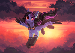 Size: 1200x848 | Tagged: safe, artist:margony, oc, oc only, oc:alpha jet, pegasus, pony, cloud, female, flying, heterochromia, mare, scenery, smiling, solo