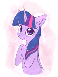 Size: 3000x4000 | Tagged: safe, artist:yinglongfujun, twilight sparkle, twilight sparkle (alicorn), alicorn, pony, bust, cute, female, folded wings, hooves together, looking at you, mare, portrait, smiling, solo, twiabetes