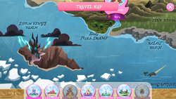 Size: 1280x720 | Tagged: safe, my little pony: the movie, basalt beach, gameloft, great iceberg barrier, map, map of equestria, pine needle barrens, slug troll swamp, storm king's realm