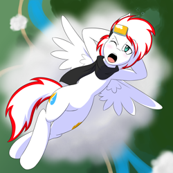 Size: 1500x1500 | Tagged: safe, artist:jase1505, oc, oc only, oc:depth charge, pegasus, pony, clothes, cloud, cute, femboy, goggles, male, on back, resting, scarf, sleepy, solo, yawn