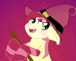 Size: 1000x800 | Tagged: safe, artist:kiwiscribbles, roseluck, broom, clothes, fangs, flying, flying broomstick, halloween, hat, heart eyes, holiday, socks, striped socks, wingding eyes, witch, witch hat