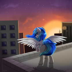 Size: 2000x2000 | Tagged: safe, artist:confetticakez, oc, oc only, oc:coldfire, pony, city, cityscape, fangs, female, mare, rear view, rooftop, solo, sunset, wings