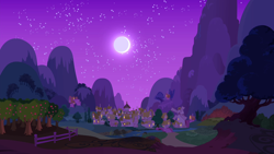 Size: 1280x720 | Tagged: safe, screencap, filli vanilli, apple tree, building, house, moon, mountain, night, outdoors, ponyville, scenery, sky, stars, tree