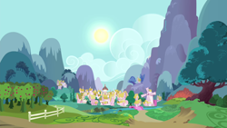 Size: 1280x720 | Tagged: safe, screencap, filli vanilli, apple tree, building, house, mountain, outdoors, ponyville, scenery, sky, sun, tree