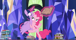 Size: 1316x696 | Tagged: safe, screencap, pinkie pie, twilight sparkle, twilight sparkle (alicorn), alicorn, earth pony, pony, shadow play, out of context