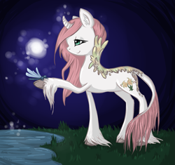 Size: 1099x1035 | Tagged: safe, artist:violentdreamsofmine, oc, oc only, oc:twin lily, dragonfly, pony, female, leonine tail, mare, night, solo, unshorn fetlocks