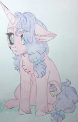 Size: 1024x1587 | Tagged: safe, artist:evergreen-gemdust, sugar belle, pony, sitting, solo, traditional art