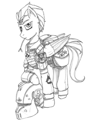 Size: 4338x5878 | Tagged: safe, artist:zhaozoharex, lightning dust, pegasus, pony, absurd resolution, armor, army, fanfic, fanfic art, fimfiction, helmet, military, military uniform, monochrome, soldier