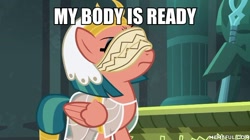 Size: 600x337 | Tagged: safe, edit, edited screencap, screencap, somnambula, daring done?, blindfold, image macro, meme, my body is ready