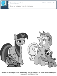 Size: 600x800 | Tagged: safe, artist:dekomaru, applejack, twilight sparkle, oc, oc:aurora, oc:nebula, earth pony, pony, unicorn, applestuck, ask, colt, female, filly, grayscale, magical lesbian spawn, male, monochrome, offspring, parent:trixie, parent:twilight sparkle, parents:twixie, tumblr, tumblr:ask twixie