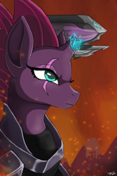 Size: 800x1200 | Tagged: safe, artist:joselyn565, tempest shadow, pony, unicorn, my little pony: the movie, airship, armor, broken horn, eye scar, female, horn, implied fire, mare, scar, solo, sparking horn