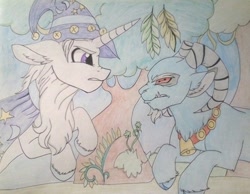 Size: 1024x796 | Tagged: safe, artist:evergreen-gemdust, grogar, star swirl the bearded, pony, unicorn, g1, cloak, clothes, cloven hooves, g1 to g4, generation leap, hat, male, ram, stallion, traditional art, tree