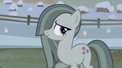 Size: 1280x720 | Tagged: safe, screencap, marble pie, earth pony, pony, hearthbreakers, cute, female, looking away, mare, outdoors, raised hoof, shy, smiling, snow, solo, standing, winter