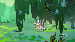 Size: 1920x1080 | Tagged: safe, screencap, zecora, zebra, a health of information, ear piercing, earring, everfree forest, falling, female, jewelry, mare, piercing, solo, swamp, swamp fever plant, water, wide eyes