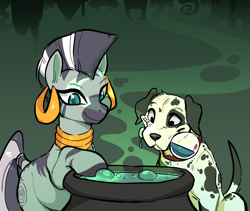 Size: 1346x1135 | Tagged: safe, artist:glacierclear, zecora, dog, zebra, cauldron, dalmatian, female, flask, mare