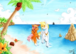 Size: 1640x1165 | Tagged: safe, artist:aerolp, oc, oc only, pegasus, pony, beach, blushing, boat, cloud, coconut, coconut tree, commission, female, flower, flower in hair, food, looking at each other, male, mare, palm tree, sky, smiling, stallion, starfish, tree, water