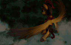 Size: 2574x1650 | Tagged: safe, artist:php69, flash magnus, pegasus, pony, campfire tales, cloud, flying, helmet, male, solo, spread wings, stallion, underhoof, wings