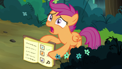 Size: 1280x720 | Tagged: safe, screencap, scootaloo, pony, campfire tales, book, solo