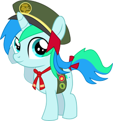 Size: 6651x7102 | Tagged: safe, artist:cyanlightning, oc, oc only, oc:cyan lightning, unicorn, .svg available, absurd resolution, badge, colt, cyan's filly guides, filly guides, hat, looking at you, male, ribbon, salute, simple background, solo, transparent background, vector