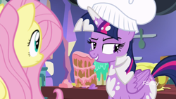 Size: 1920x1080 | Tagged: safe, screencap, fluttershy, twilight sparkle, twilight sparkle (alicorn), alicorn, pegasus, pony, a health of information, bedroom eyes, chef's hat, cooking, hat, smiling