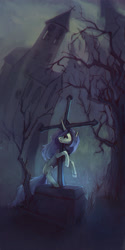 Size: 1000x1999 | Tagged: safe, artist:dearmary, oc, oc only, oc:gloomy, pony, unicorn, blank flank, building, church, cross, dead tree, gravestone, solo, tree