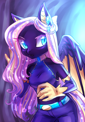 Size: 1400x2000 | Tagged: safe, artist:di-dash, oc, oc only, anthro, pegasus, belt, choker, clothes, commission, ear piercing, earring, fangs, female, gloves, jeans, jewelry, looking at you, mare, pants, piercing, solo, ych result