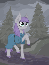 Size: 1869x2462 | Tagged: safe, artist:paskanaakka, derpibooru exclusive, maud pie, earth pony, pony, clothes, cloud, cloudy, colored hooves, dress, ear fluff, female, mare, mud, rain, raised hoof, solo, tree, unshorn fetlocks, wet