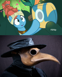 Size: 1900x2340 | Tagged: safe, edit, screencap, meadowbrook, pony, a health of information, bubonic plague, clothes, comparison, discovery family logo, healer's mask, mask, plague doctor, plague doctor mask, solo