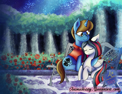 Size: 1024x791 | Tagged: safe, artist:animechristy, oc, oc only, oc:thespio, pegasus, pony, unicorn, clothes, commission, eyes closed, female, flower, male, mare, night, oc x oc, shipping, shirt, straight, tree