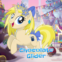 Size: 1080x1080 | Tagged: safe, oc, oc only, oc:chocolate glider, unicorn, my little pony: the movie, bow, crown, ear piercing, earring, flower, flower in hair, hair bow, jewelry, mlp movie pony maker, piercing, regalia, solo, tail bow, tiara