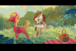 Size: 900x603 | Tagged: safe, artist:wolfiedrawie, oc, oc only, oc:chica, oc:drew, pony, duo, eating, fruit, fruit basket, grass, grazing, horses doing horse things, picnic, pointing, scenery