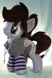 Size: 1024x1536 | Tagged: safe, artist:top plush, oc, oc only, oc:pillow case, clothes, female, hoodie, irl, photo, plushie, ponies in earth, ponytail, socks, solo, striped socks