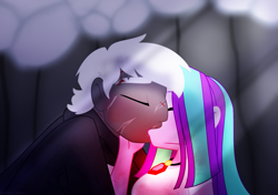 Size: 1431x1008 | Tagged: safe, artist:faith-wolff, aria blaze, fanfic:the bridge, equestria girls, crossover, crossover shipping, duo, equestria girls-ified, eyes closed, female, hand on face, jewelry, kissing, male, monster x, necklace, scar, shipping, straight