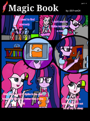 Size: 1150x1534 | Tagged: safe, artist:dsfranch, pinkie pie, sci-twi, twilight sparkle, comic:magic book, equestria girls, comic, engrish, implied spike, vial