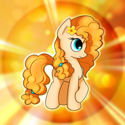 Size: 2539x2539 | Tagged: safe, artist:conniethecasanova, artist:flamevulture17, pear butter, earth pony, pony, the perfect pear, cute, female, flower, flower in hair, mare, raised hoof, smiling, solo